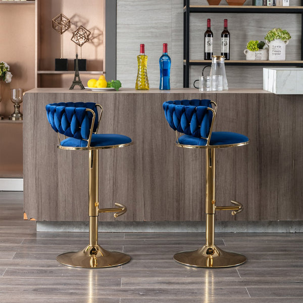 English Elm Set Velvet Bar Stools with Gold Legs and Chrome Footrest, Swivel Height-Adjustable Counter Seating, Luxe Upholstery and Sturdy Base Blue W124958977