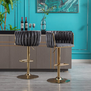 English Elm Set of 2 Velvet Bar Stools with Swivel, Chrome Footrest & Base, Height Adjustable Luxury Seating with Gold Legs Grey W124956156