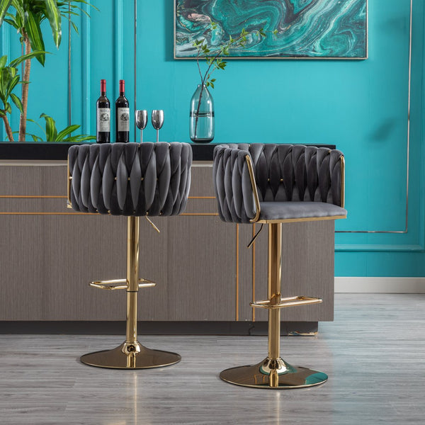 English Elm Set of 2 Velvet Bar Stools with Swivel, Chrome Footrest & Base, Height Adjustable Luxury Seating with Gold Legs Grey W124956156