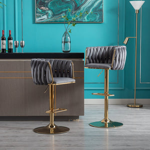 English Elm Set of 2 Velvet Bar Stools with Swivel, Chrome Footrest & Base, Height Adjustable Luxury Seating with Gold Legs Grey W124956156