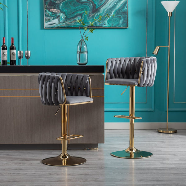 English Elm Set of 2 Velvet Bar Stools with Swivel, Chrome Footrest & Base, Height Adjustable Luxury Seating with Gold Legs Grey W124956156