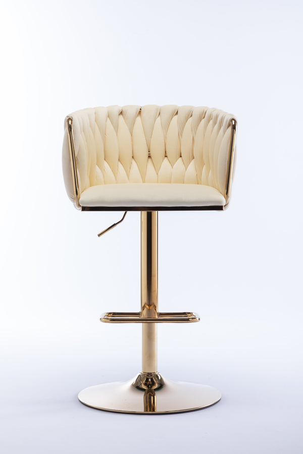 English Elm Set of 2 Ivory Bar Stools — Velvet Upholstery, 360° Swivel, Height Adjustable, Gold Legs, 250 lb Capacity W124956157