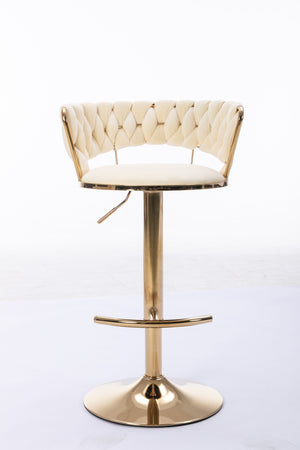 English Elm Set Velvet Bar Stools with Gold Legs and Chrome Footrest, Swivel Height-Adjustable Counter Seating, Luxe Upholstery and Sturdy Base Cream W124958979