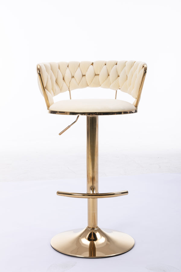 English Elm Set Velvet Bar Stools with Gold Legs and Chrome Footrest, Swivel Height-Adjustable Counter Seating, Luxe Upholstery and Sturdy Base Cream W124958979
