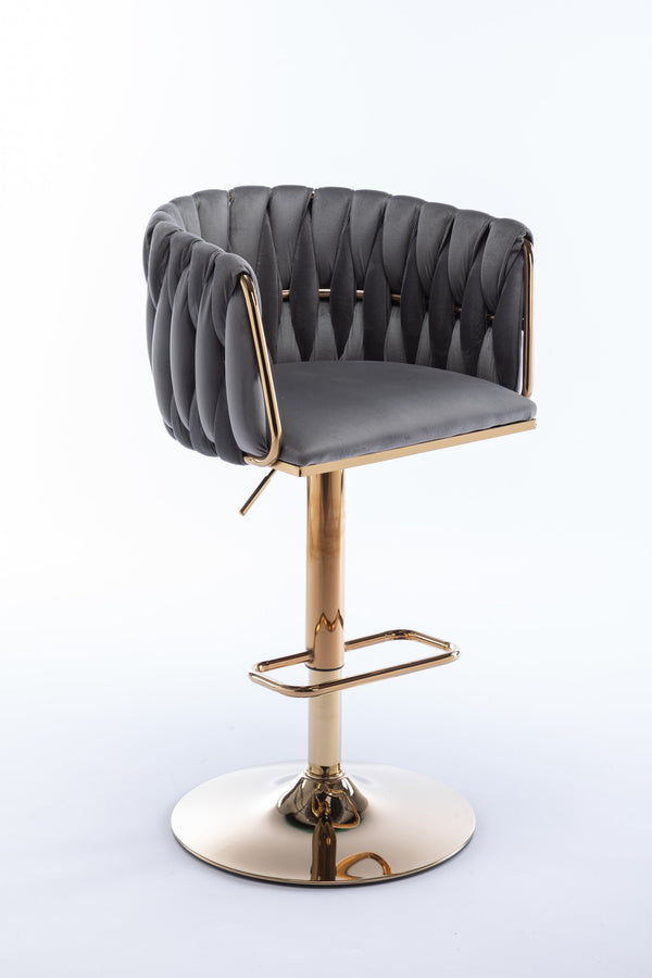 English Elm Set of 2 Velvet Bar Stools with Swivel, Chrome Footrest & Base, Height Adjustable Luxury Seating with Gold Legs Grey W124956156