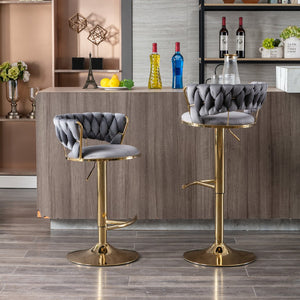 English Elm Set of 2 velvet bar stools with 360° swivel, chrome base, adjustable height, gold legs, sturdy frame and comfort Gray W124958980