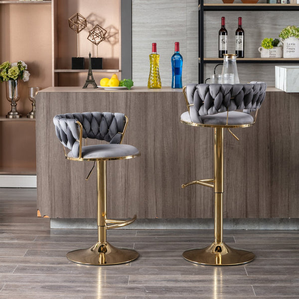 English Elm Set of 2 velvet bar stools with 360° swivel, chrome base, adjustable height, gold legs, sturdy frame and comfort Gray W124958980
