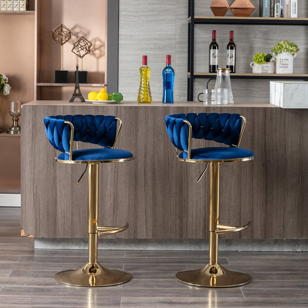 English Elm Set Velvet Bar Stools with Gold Legs and Chrome Footrest, Swivel Height-Adjustable Counter Seating, Luxe Upholstery and Sturdy Base Blue W124958977