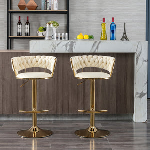 English Elm Set Velvet Bar Stools with Gold Legs and Chrome Footrest, Swivel Height-Adjustable Counter Seating, Luxe Upholstery and Sturdy Base Cream W124958979