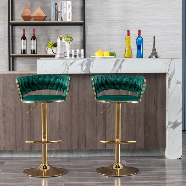 English Elm Set Velvet Bar Stools with Gold Legs and Chrome Footrest, Swivel Height-Adjustable Counter Seating, Luxe Upholstery and Sturdy Base Green W124958976