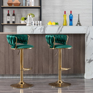 English Elm Set Velvet Bar Stools with Gold Legs and Chrome Footrest, Swivel Height-Adjustable Counter Seating, Luxe Upholstery and Sturdy Base Green W124958976