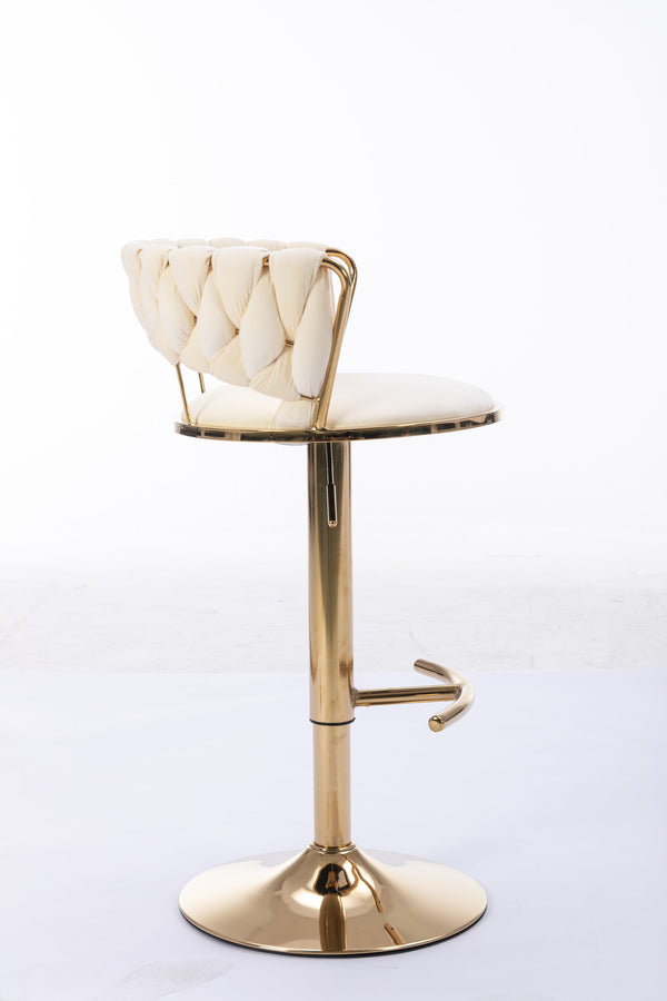English Elm Set Velvet Bar Stools with Gold Legs and Chrome Footrest, Swivel Height-Adjustable Counter Seating, Luxe Upholstery and Sturdy Base Cream W124958979