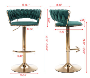 English Elm Set Velvet Bar Stools with Gold Legs and Chrome Footrest, Swivel Height-Adjustable Counter Seating, Luxe Upholstery and Sturdy Base Green W124958976