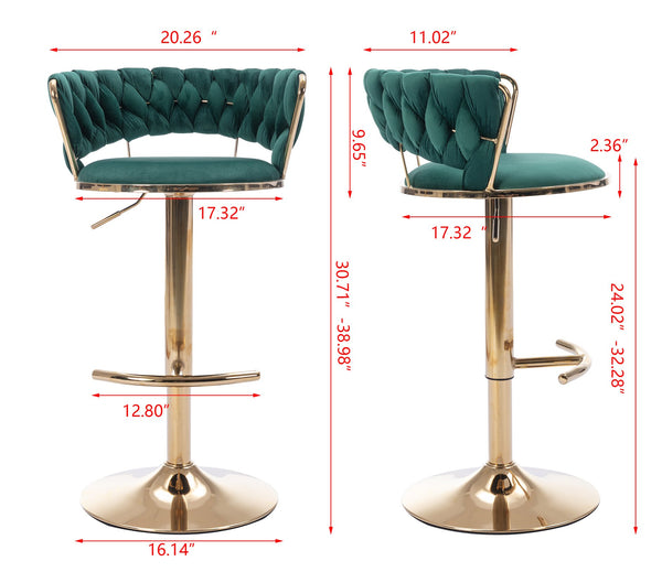 English Elm Set Velvet Bar Stools with Gold Legs and Chrome Footrest, Swivel Height-Adjustable Counter Seating, Luxe Upholstery and Sturdy Base Green W124958976