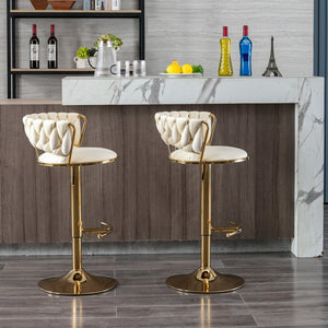 English Elm Set Velvet Bar Stools with Gold Legs and Chrome Footrest, Swivel Height-Adjustable Counter Seating, Luxe Upholstery and Sturdy Base Cream W124958979