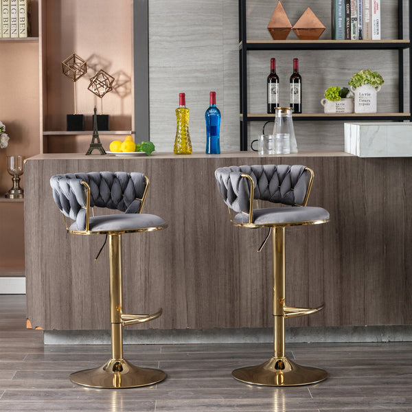 English Elm Set of 2 velvet bar stools with 360° swivel, chrome base, adjustable height, gold legs, sturdy frame and comfort Gray W124958980