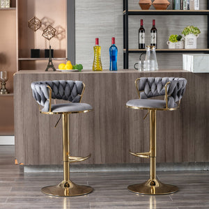 English Elm Set of 2 velvet bar stools with 360° swivel, chrome base, adjustable height, gold legs, sturdy frame and comfort Gray W124958980