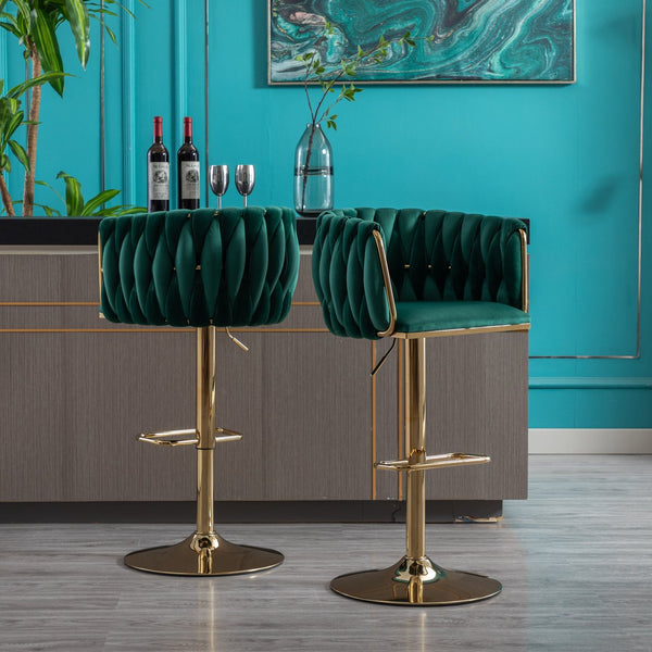 English Elm Set of 2 Velvet Bar Stools with Swivel, Chrome Footrest & Base, Height Adjustable Luxury Seating with Gold Legs Green W124956137