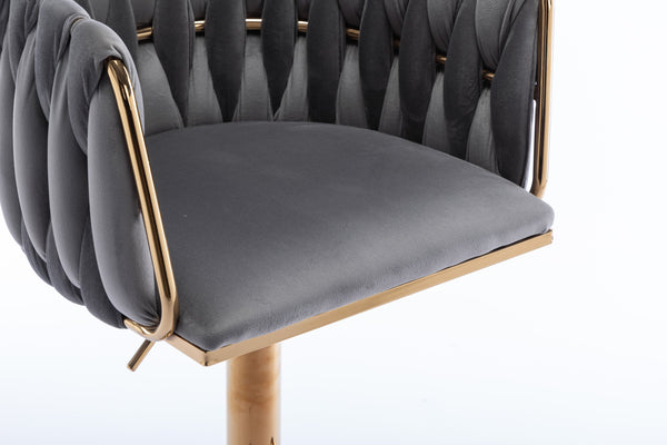 English Elm Set of 2 Velvet Bar Stools with Swivel, Chrome Footrest & Base, Height Adjustable Luxury Seating with Gold Legs Grey W124956156