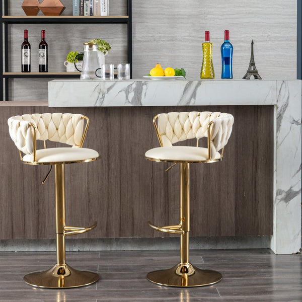 English Elm Set Velvet Bar Stools with Gold Legs and Chrome Footrest, Swivel Height-Adjustable Counter Seating, Luxe Upholstery and Sturdy Base Cream W124958979
