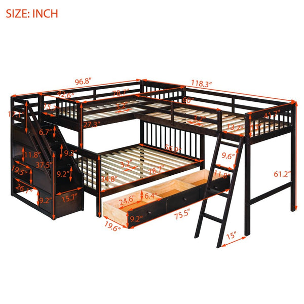 English Elm Twin Over Full L-shaped Bunk Bed with Staircase Storage Drawers and Guardrail Espresso LT000810AAP-1