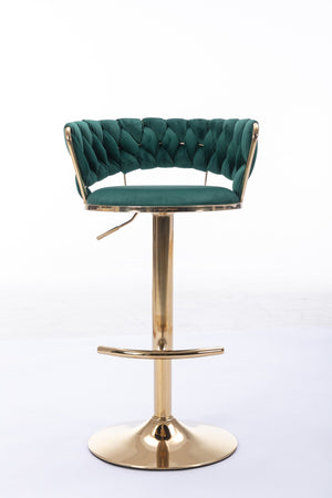 English Elm Set Velvet Bar Stools with Gold Legs and Chrome Footrest, Swivel Height-Adjustable Counter Seating, Luxe Upholstery and Sturdy Base Green W124958976