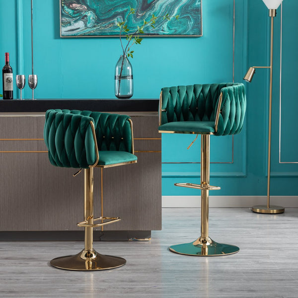 English Elm Set of 2 Velvet Bar Stools with Swivel, Chrome Footrest & Base, Height Adjustable Luxury Seating with Gold Legs Green W124956137