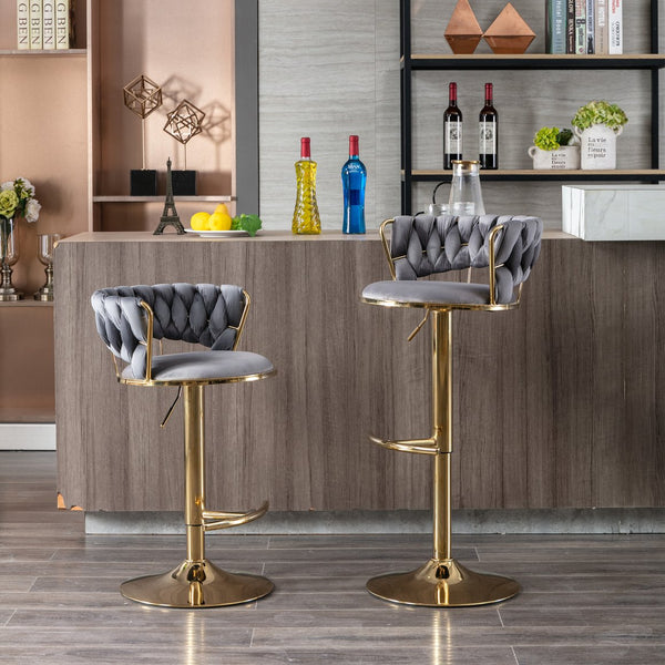 English Elm Set of 2 velvet bar stools with 360° swivel, chrome base, adjustable height, gold legs, sturdy frame and comfort Gray W124958980