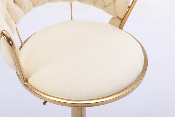 English Elm Set Velvet Bar Stools with Gold Legs and Chrome Footrest, Swivel Height-Adjustable Counter Seating, Luxe Upholstery and Sturdy Base Cream W124958979