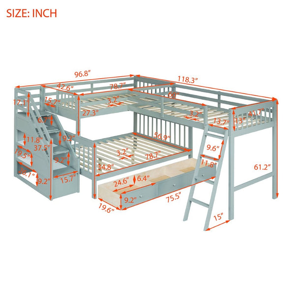 English Elm Twin Over Full L-shaped Bunk Bed with Staircase Storage Drawers and Guardrail Gray LT000810AAE-1