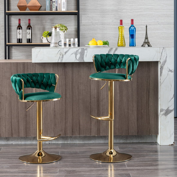 English Elm Set Velvet Bar Stools with Gold Legs and Chrome Footrest, Swivel Height-Adjustable Counter Seating, Luxe Upholstery and Sturdy Base Green W124958976