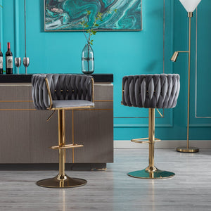 English Elm Set of 2 Velvet Bar Stools with Swivel, Chrome Footrest & Base, Height Adjustable Luxury Seating with Gold Legs Grey W124956156
