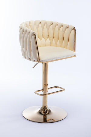 English Elm Set of 2 Ivory Bar Stools — Velvet Upholstery, 360° Swivel, Height Adjustable, Gold Legs, 250 lb Capacity W124956157