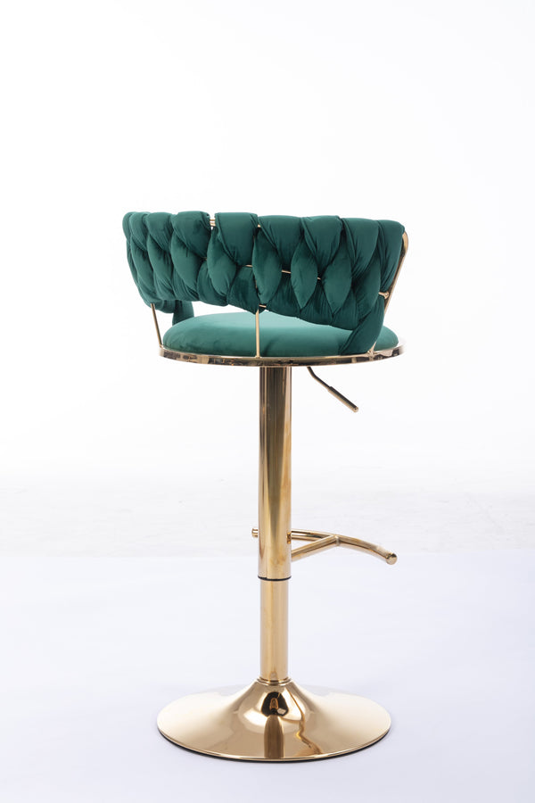 English Elm Set Velvet Bar Stools with Gold Legs and Chrome Footrest, Swivel Height-Adjustable Counter Seating, Luxe Upholstery and Sturdy Base Green W124958976