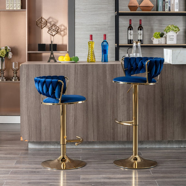 English Elm Set Velvet Bar Stools with Gold Legs and Chrome Footrest, Swivel Height-Adjustable Counter Seating, Luxe Upholstery and Sturdy Base Blue W124958977