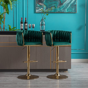 English Elm Set of 2 Velvet Bar Stools with Swivel, Chrome Footrest & Base, Height Adjustable Luxury Seating with Gold Legs Green W124956137