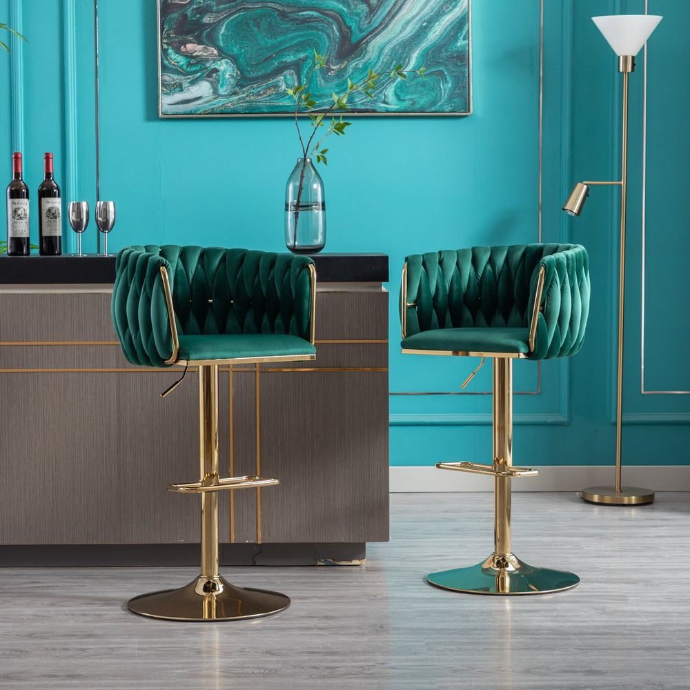 English Elm Set of 2 Velvet Bar Stools with Swivel, Chrome Footrest & Base, Height Adjustable Luxury Seating with Gold Legs Green W124956137