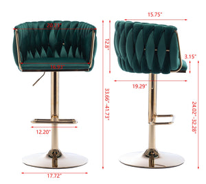 English Elm Set of 2 Velvet Bar Stools with Swivel, Chrome Footrest & Base, Height Adjustable Luxury Seating with Gold Legs Green W124956137