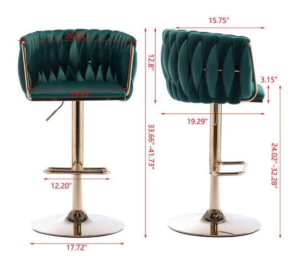 English Elm Set of 2 Velvet Bar Stools with Swivel, Chrome Footrest & Base, Height Adjustable Luxury Seating with Gold Legs Green W124956137