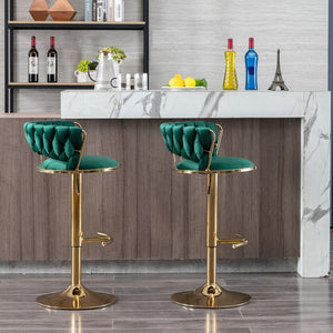 English Elm Set Velvet Bar Stools with Gold Legs and Chrome Footrest, Swivel Height-Adjustable Counter Seating, Luxe Upholstery and Sturdy Base Green W124958976