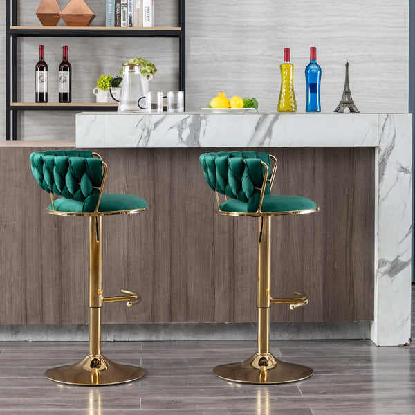 English Elm Set Velvet Bar Stools with Gold Legs and Chrome Footrest, Swivel Height-Adjustable Counter Seating, Luxe Upholstery and Sturdy Base Green W124958976