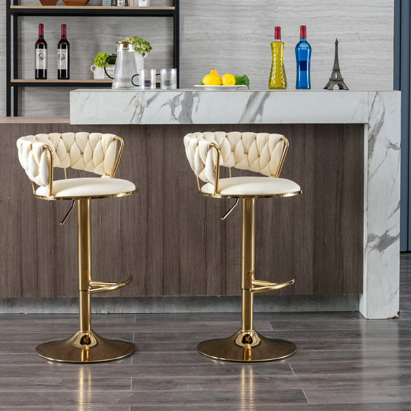 English Elm Set Velvet Bar Stools with Gold Legs and Chrome Footrest, Swivel Height-Adjustable Counter Seating, Luxe Upholstery and Sturdy Base Cream W124958979
