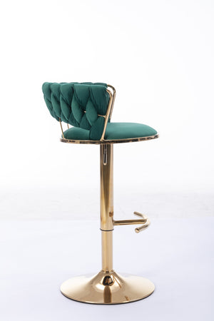 English Elm Set Velvet Bar Stools with Gold Legs and Chrome Footrest, Swivel Height-Adjustable Counter Seating, Luxe Upholstery and Sturdy Base Green W124958976