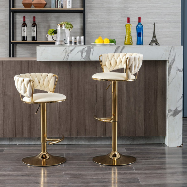 English Elm Set Velvet Bar Stools with Gold Legs and Chrome Footrest, Swivel Height-Adjustable Counter Seating, Luxe Upholstery and Sturdy Base Cream W124958979