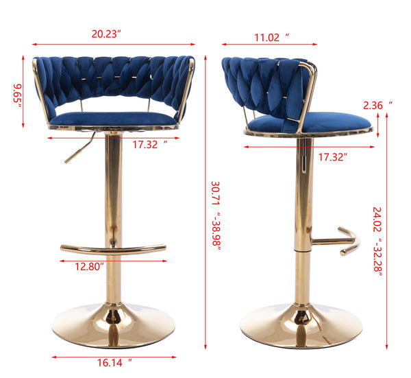 English Elm Set Velvet Bar Stools with Gold Legs and Chrome Footrest, Swivel Height-Adjustable Counter Seating, Luxe Upholstery and Sturdy Base Blue W124958977