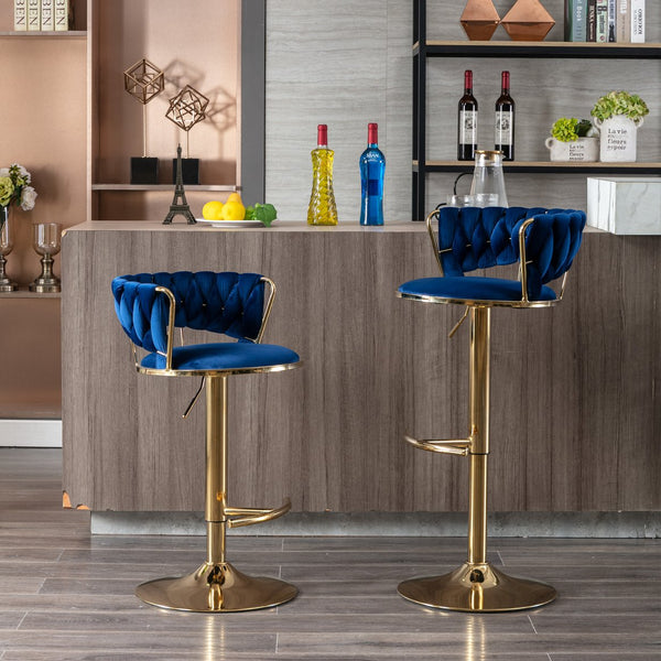 English Elm Set Velvet Bar Stools with Gold Legs and Chrome Footrest, Swivel Height-Adjustable Counter Seating, Luxe Upholstery and Sturdy Base Blue W124958977