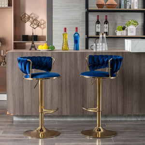 English Elm Set Velvet Bar Stools with Gold Legs and Chrome Footrest, Swivel Height-Adjustable Counter Seating, Luxe Upholstery and Sturdy Base Blue W124958977
