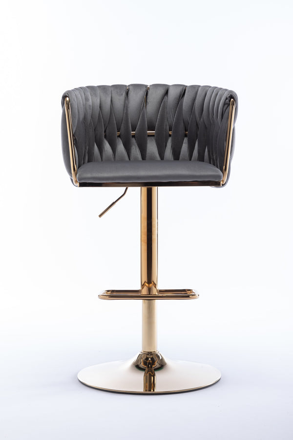 English Elm Set of 2 Velvet Bar Stools with Swivel, Chrome Footrest & Base, Height Adjustable Luxury Seating with Gold Legs Grey W124956156