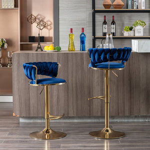 English Elm Set Velvet Bar Stools with Gold Legs and Chrome Footrest, Swivel Height-Adjustable Counter Seating, Luxe Upholstery and Sturdy Base Blue W124958977
