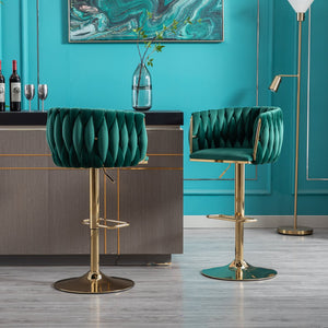 English Elm Set of 2 Velvet Bar Stools with Swivel, Chrome Footrest & Base, Height Adjustable Luxury Seating with Gold Legs Green W124956137